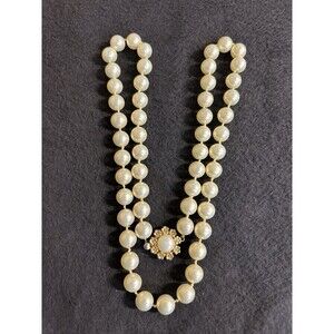 Vintage Signed  Marvella Faux Pearl 26" Necklace Gold Tone Clasp J-251